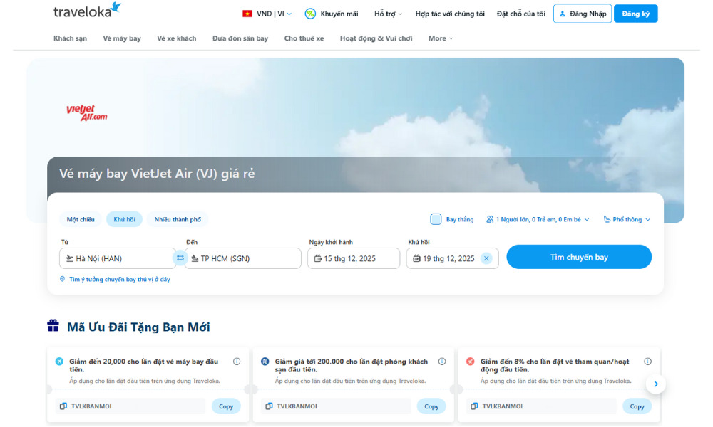 Đặt vé máy bay Vietjet Air trên Traveloka